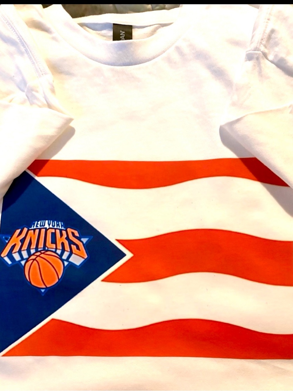 Gildan White Kids Tee with Orange Stripes & Blue Knicks Logo